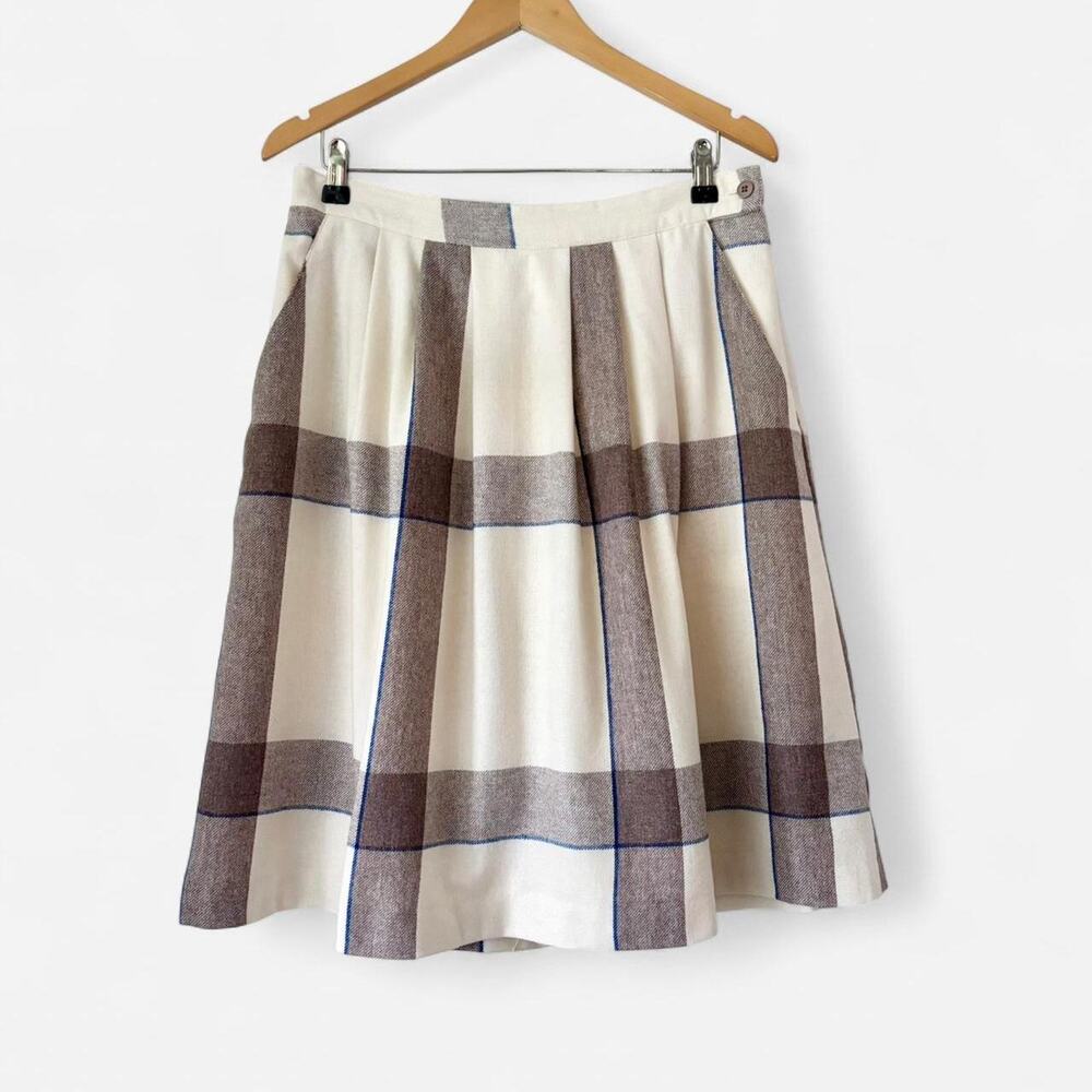 Vintage Cream Pleated Plaid 100% Wool Skirt Union Made in USA Preppy Size L/XL